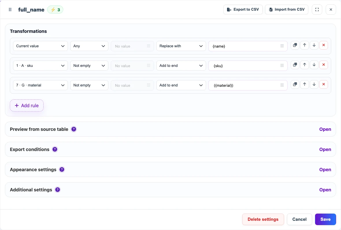 Rules for the new full_name column: name, SKU, and material in one field