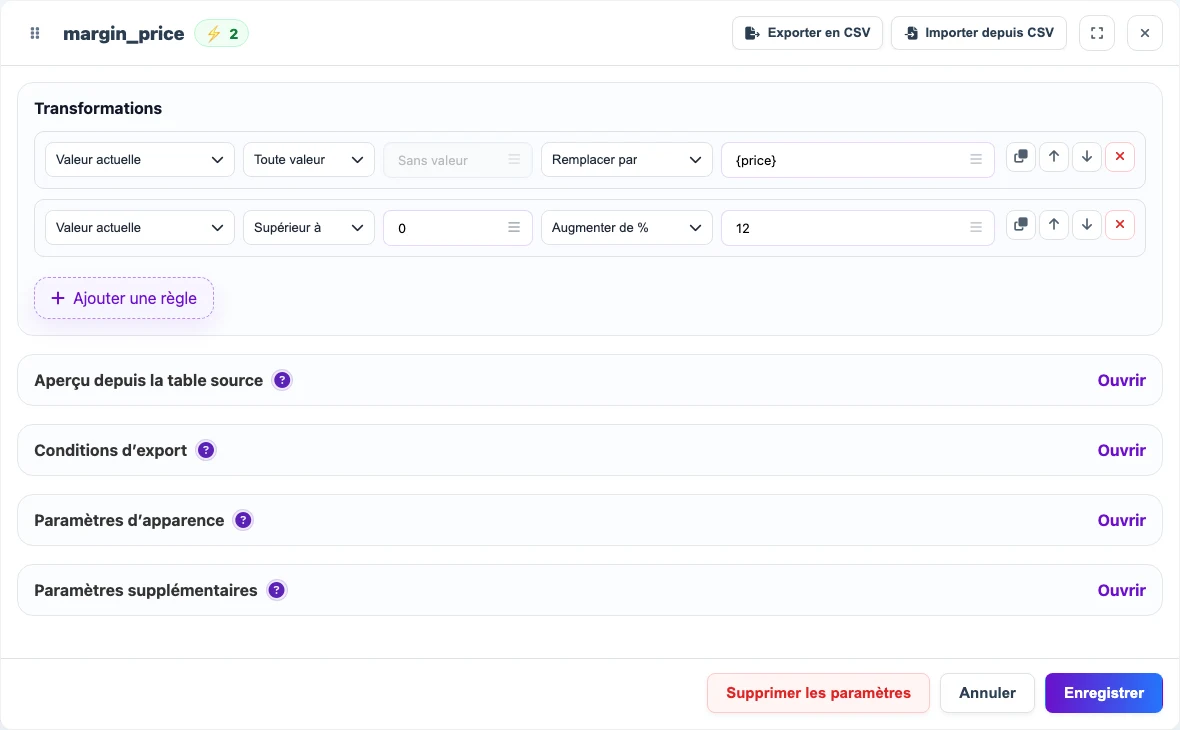 Formule de la nouvelle colonne margin_price : remplacer la valeur actuelle par price et augmenter par pourcentage