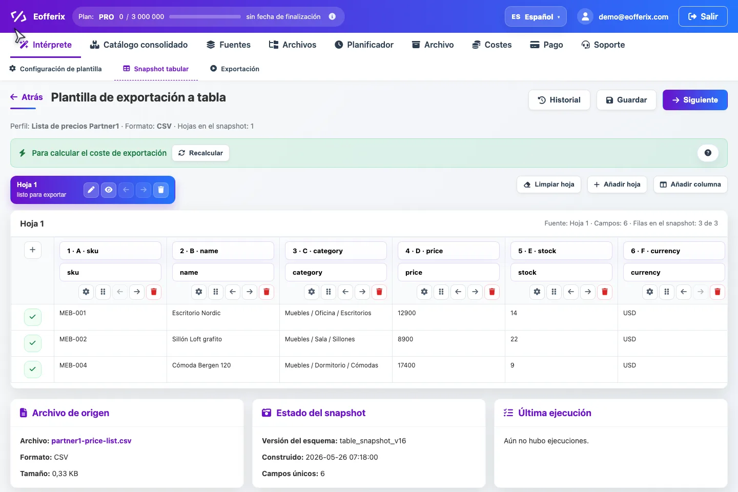 Animación de configuración de transformación de precio en el snapshot tabular: abrir la columna price, añadir una regla, elegir redondeo a 1000 y ver los valores actualizados