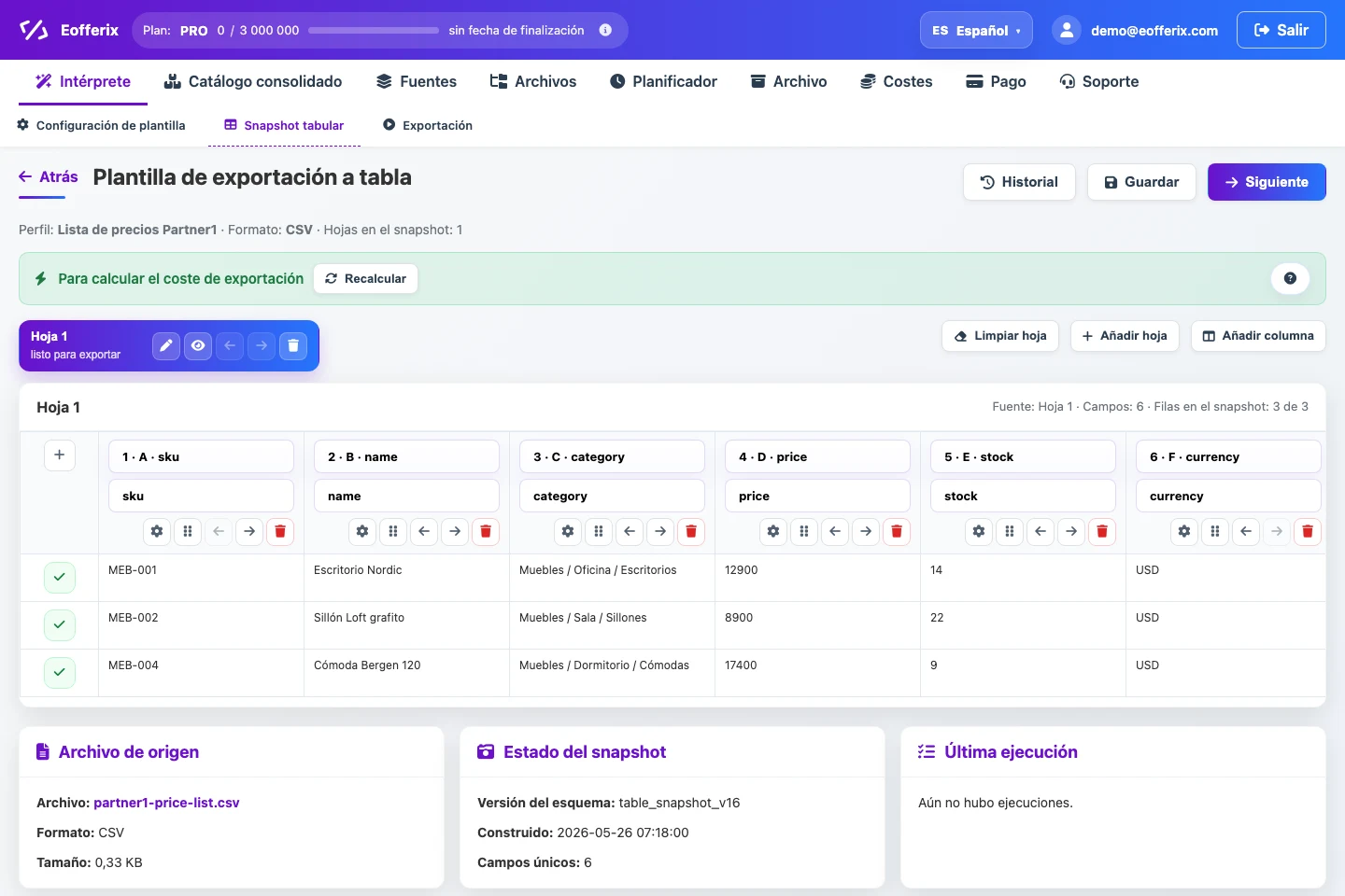 Snapshot tabular de una lista de precios CSV/XLSX con columnas y filas de ejemplo