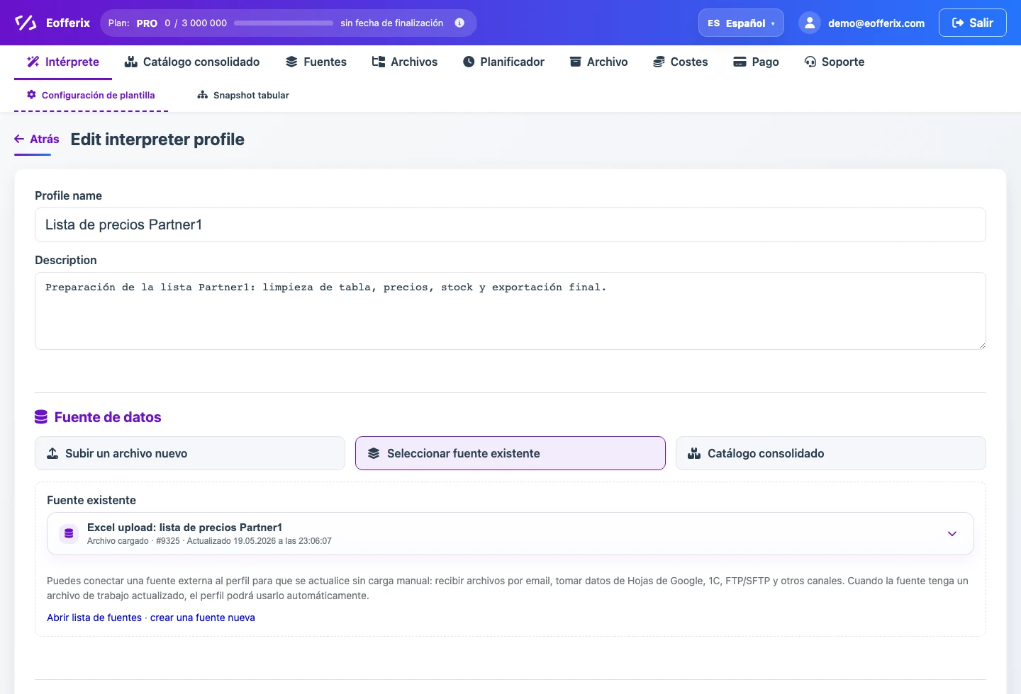 Creación de una plantilla de procesamiento CSV/XLSX a partir de una fuente