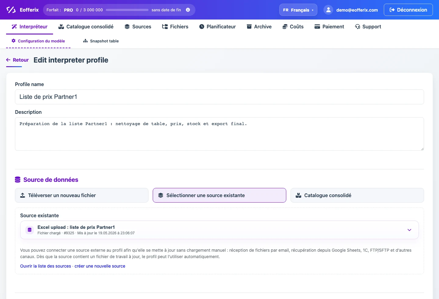 Création d’un modèle de traitement CSV/XLSX à partir d’une source