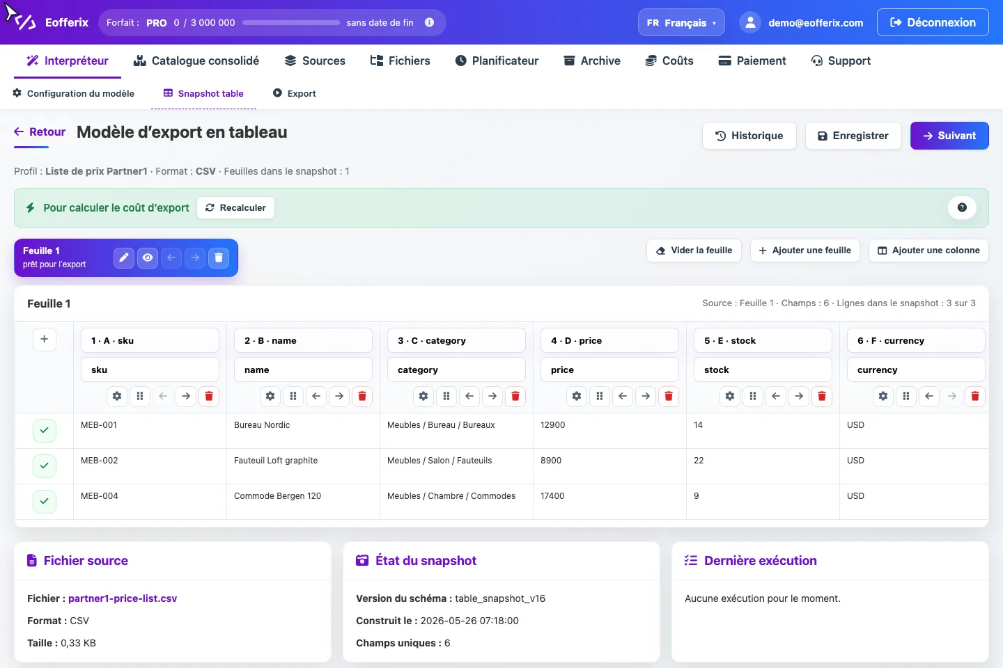 Animation montrant la création d’une colonne et l’activation du mode variable dans le snapshot tabulaire