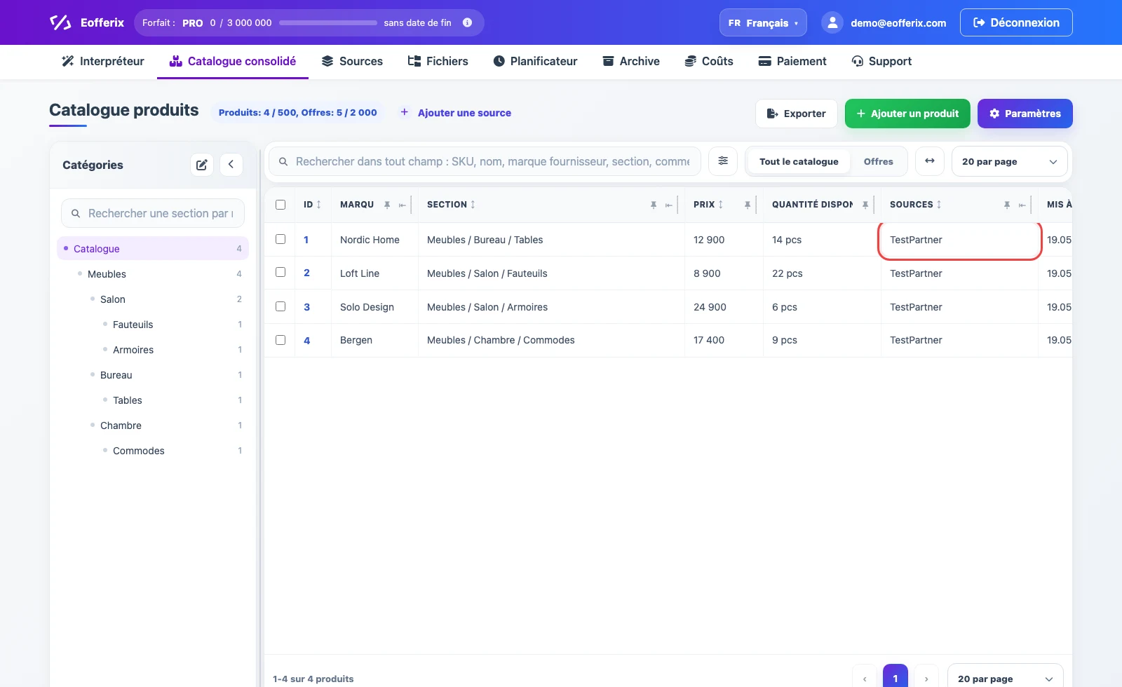 Catalogue consolidé après l’import d’une source JSON via l’interface XML