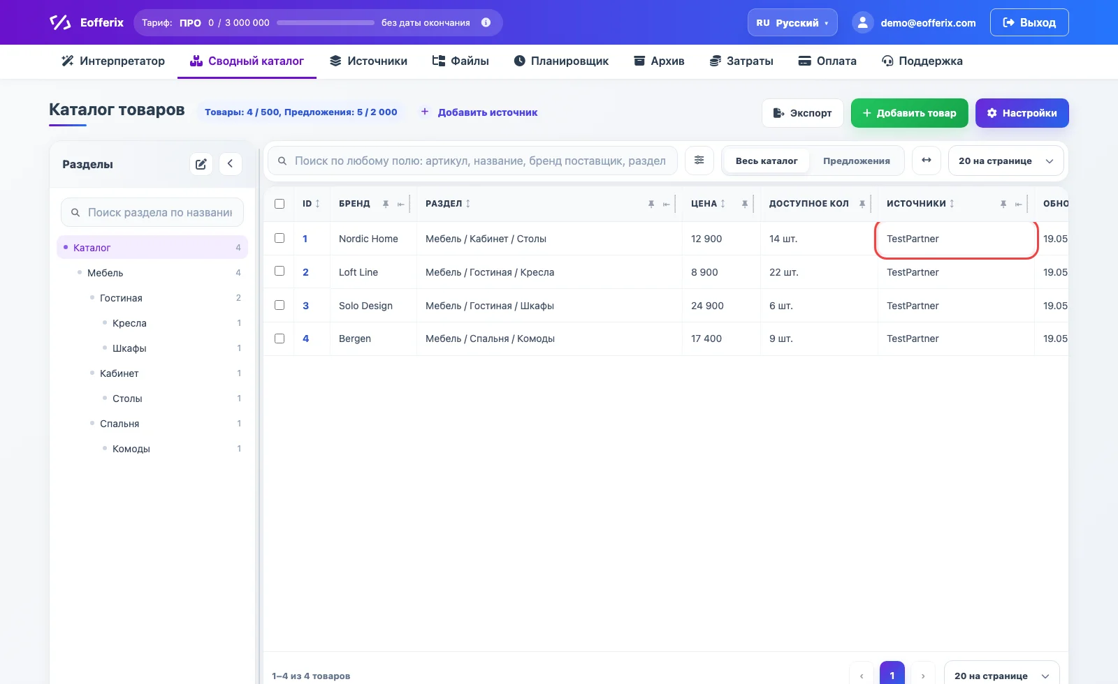 Сводный каталог после импорта JSON-источника через XML-интерфейс