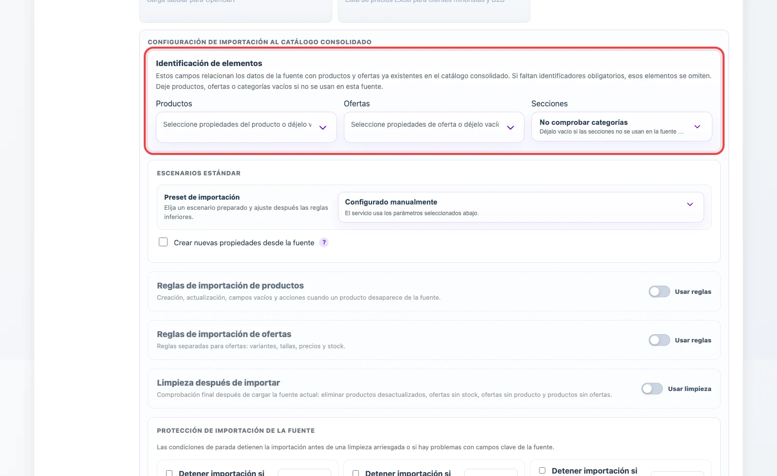 Campos de identificación para productos, ofertas y categorías desde una fuente JSON