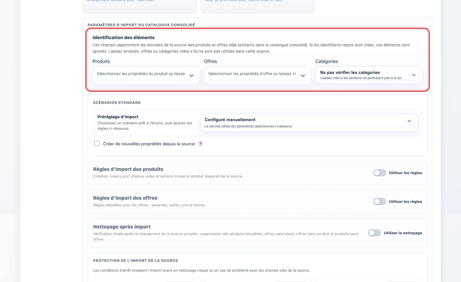Champs d’identification des produits, offres et catégories depuis une source JSON