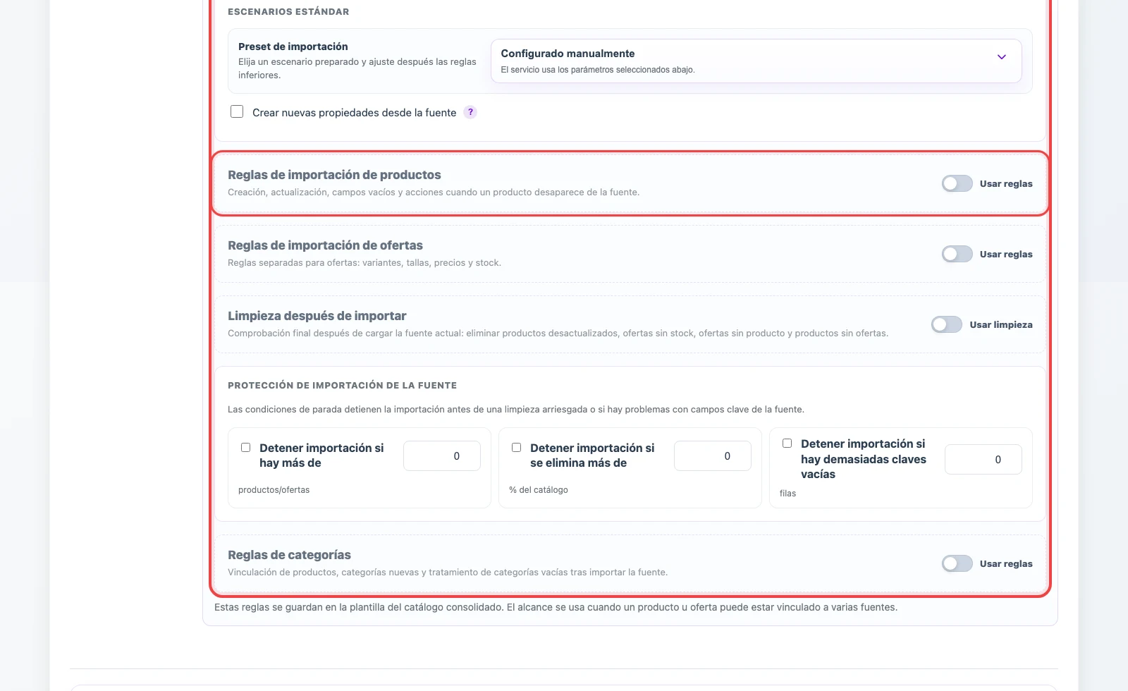 Reglas de creación, actualización, limpieza y protección para una fuente JSON