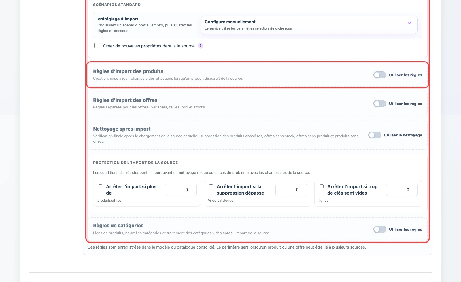 Règles de création, mise à jour, nettoyage et protection pour une source JSON