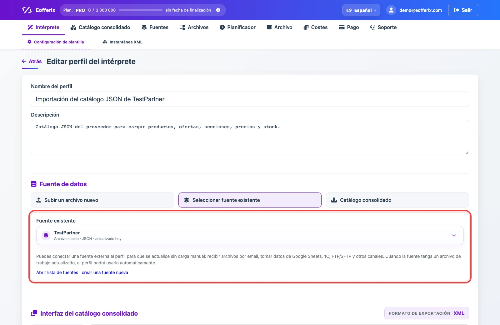 Fuente JSON en un perfil de catálogo consolidado con interfaz XML