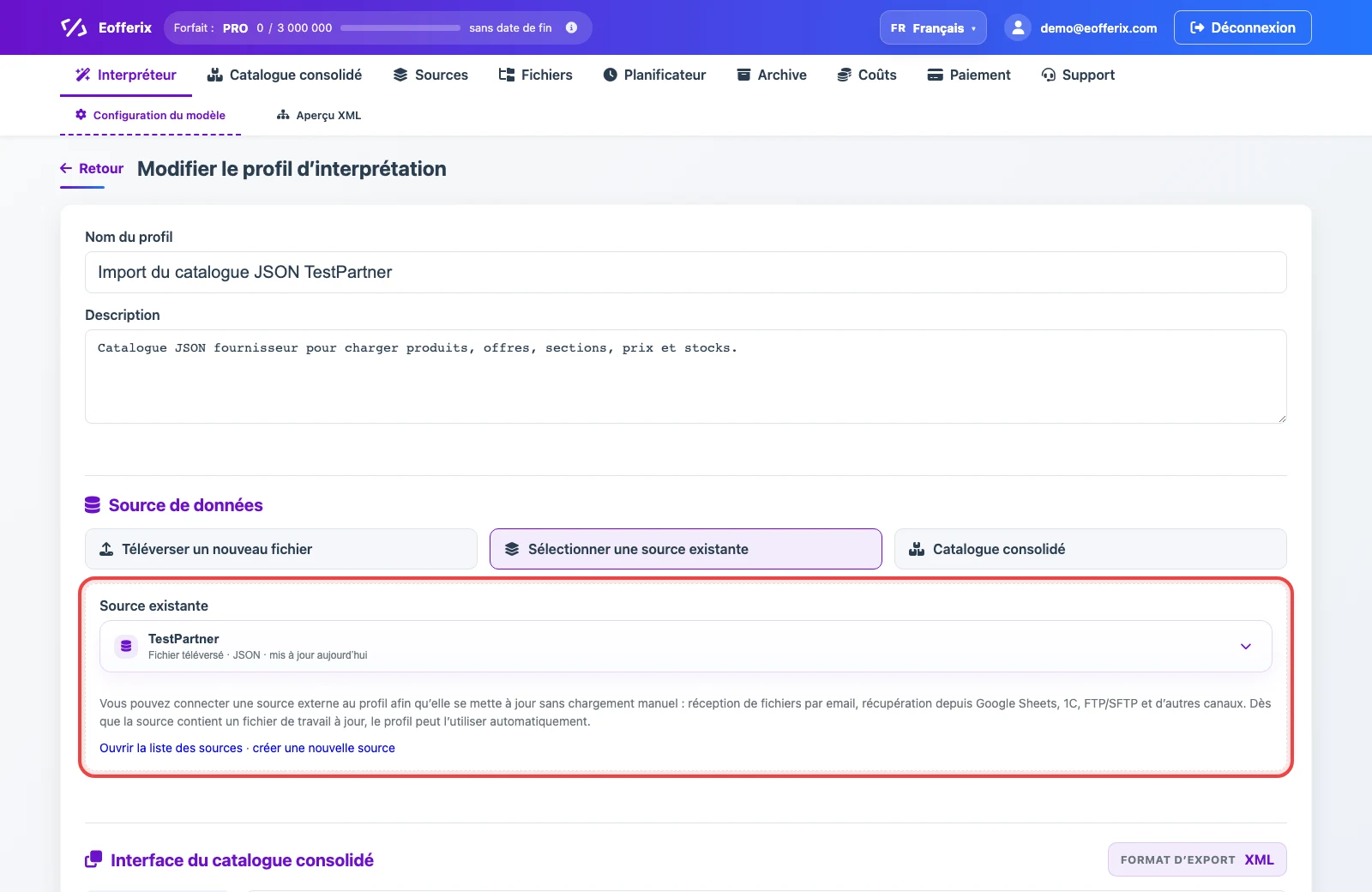 Source JSON dans un profil de catalogue consolidé avec interface XML