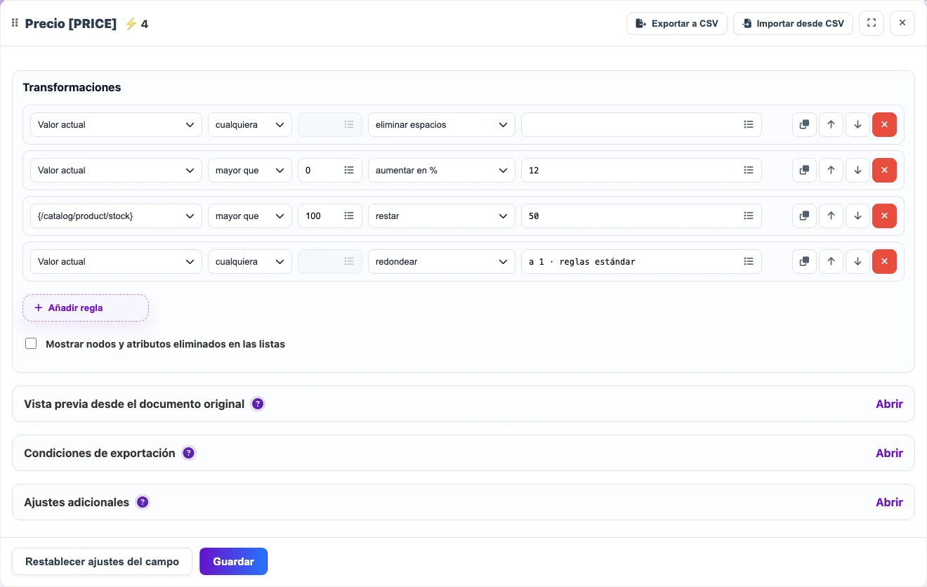 Transformaciones secuenciales de precio en la interfaz XML