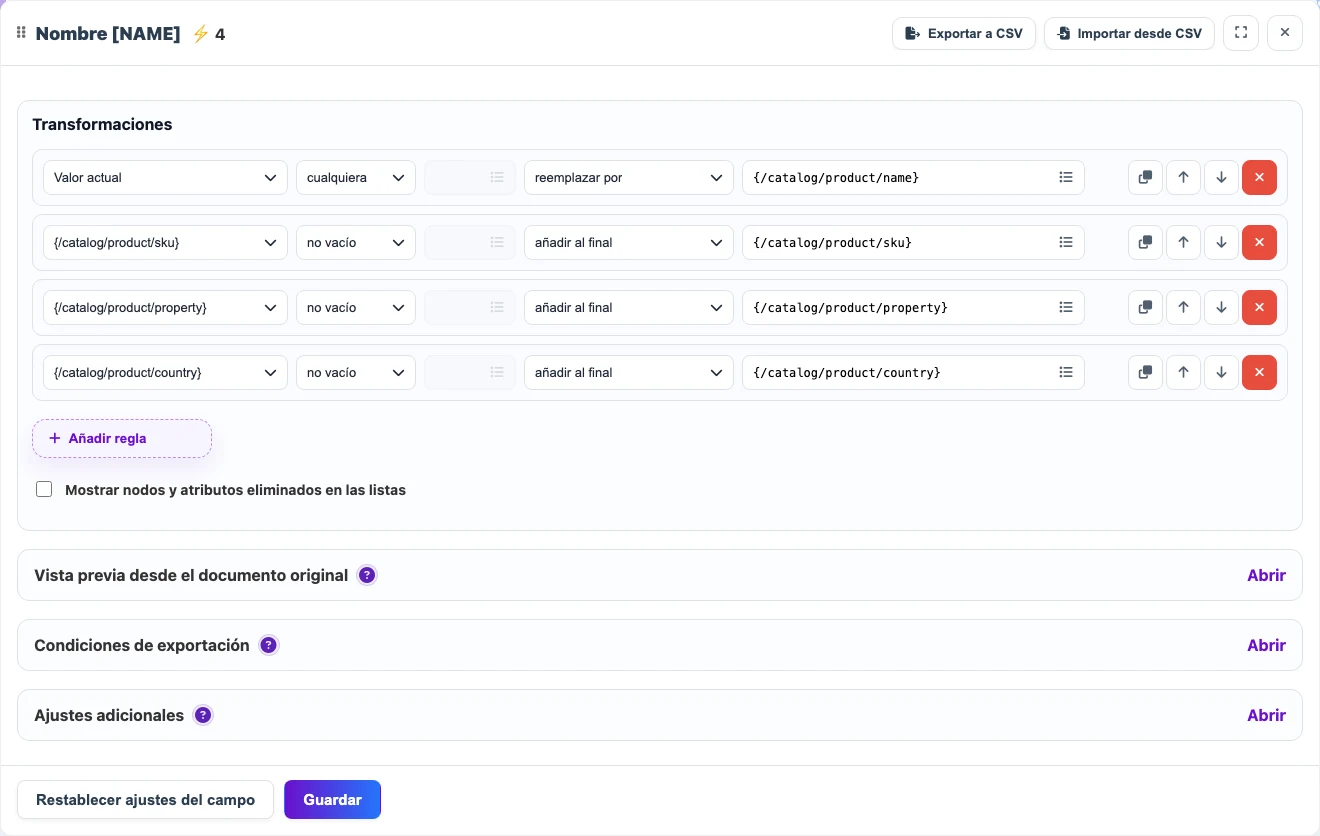 Transformaciones secuenciales para un nombre de producto compuesto