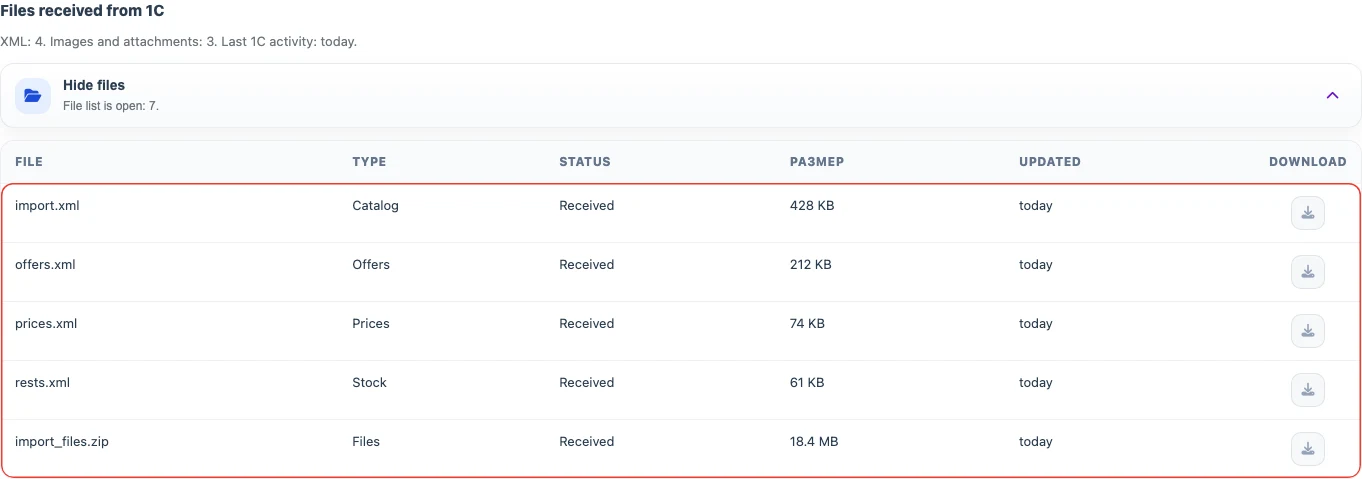 Files received from 1C via CommerceML