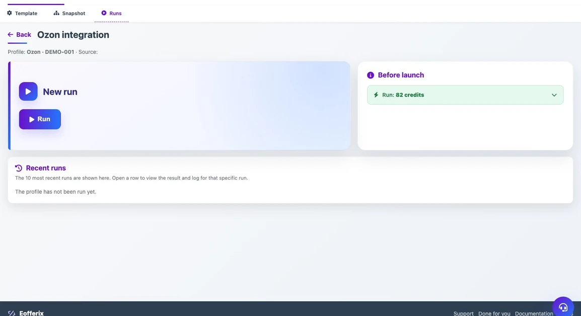 The demo profile before its first run. The button creates a new run; its result will appear in the history.