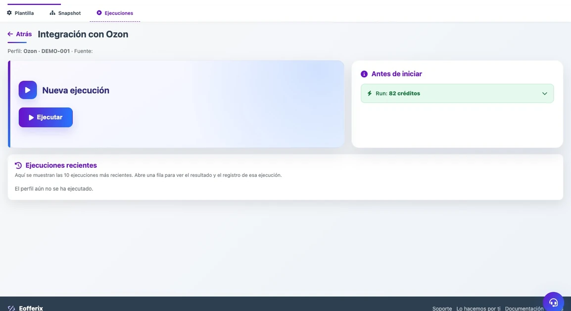 El perfil de demostración antes de su primera ejecución. El botón crea una ejecución y su resultado aparecerá en el historial.
