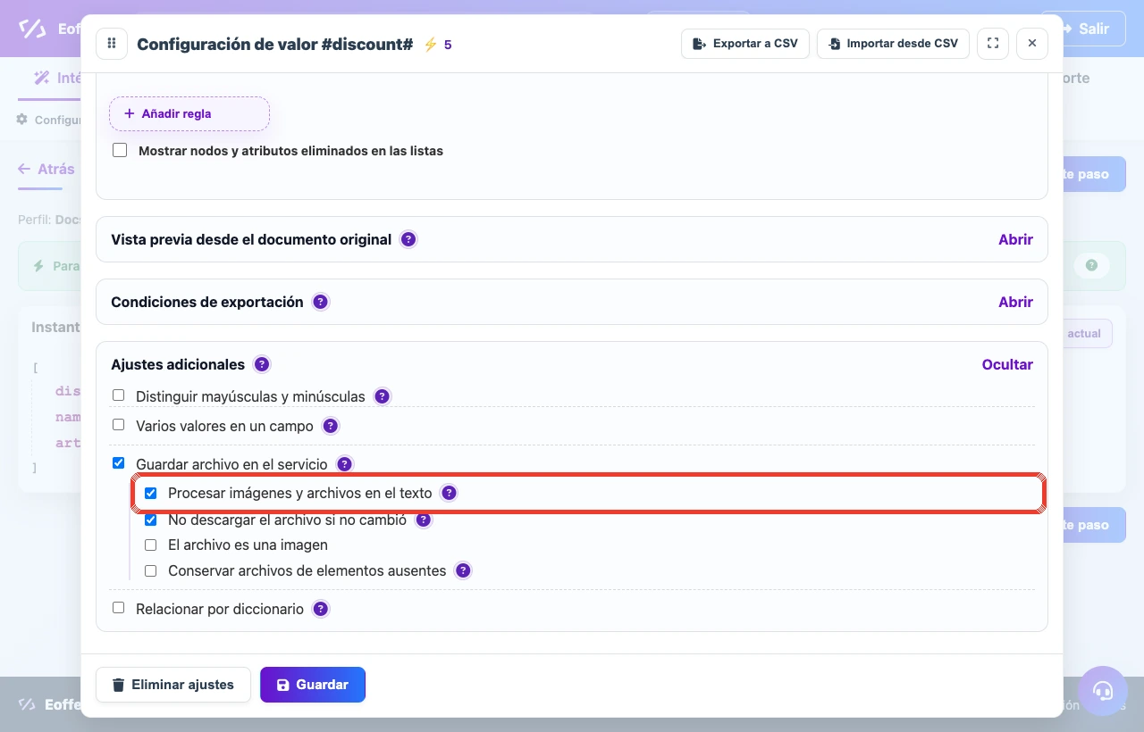Abrir imagen ampliada Configuración para procesar imágenes y archivos dentro de HTML en Eofferix