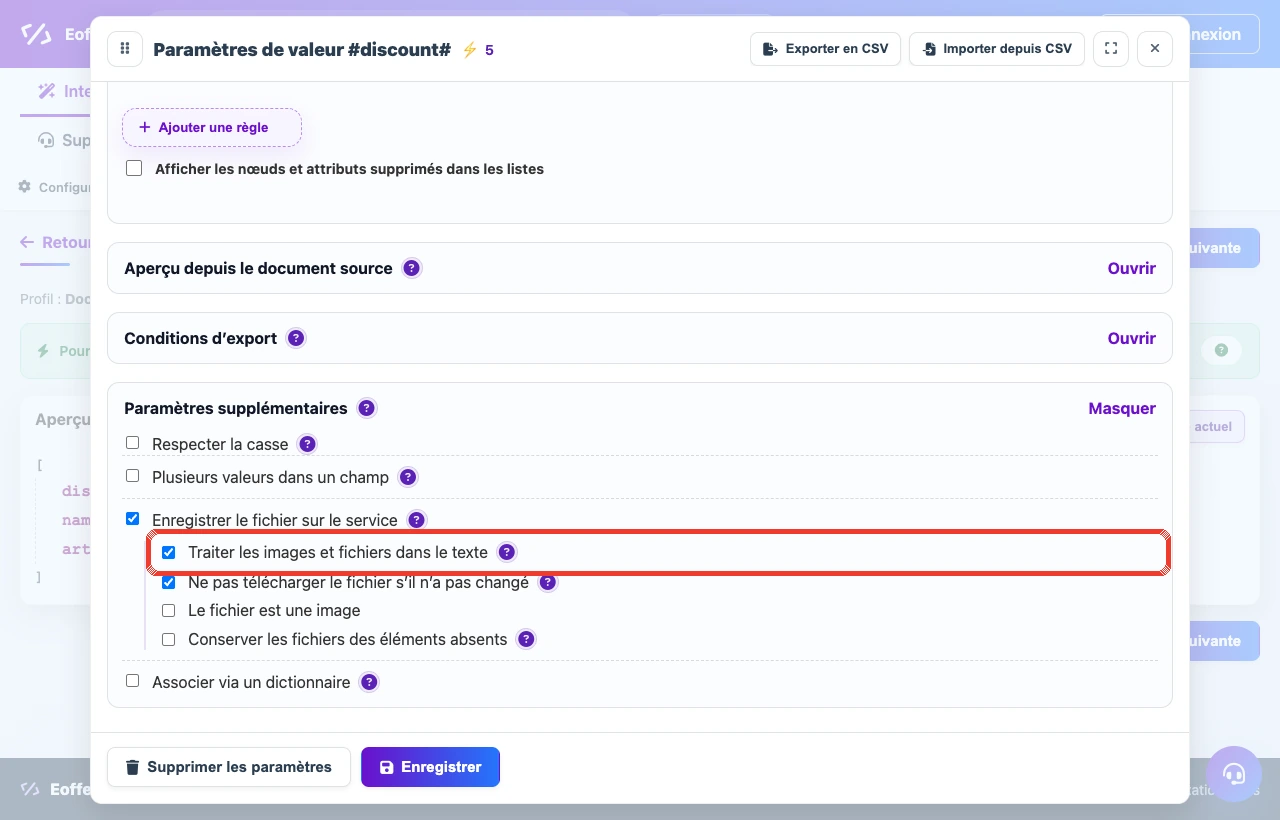 Réglage du traitement des images et fichiers dans un texte HTML dans Eofferix