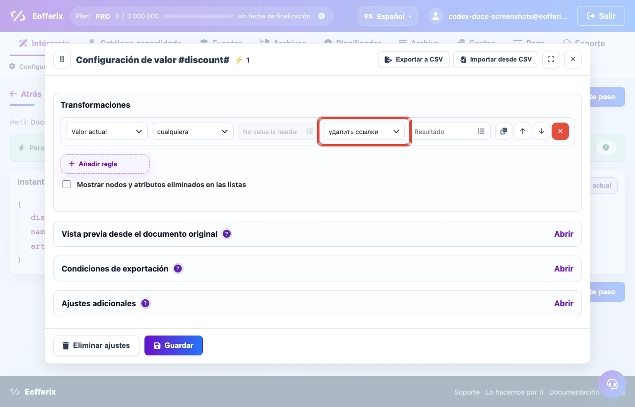 Selección del operador Eliminar enlaces en transformaciones de Eofferix