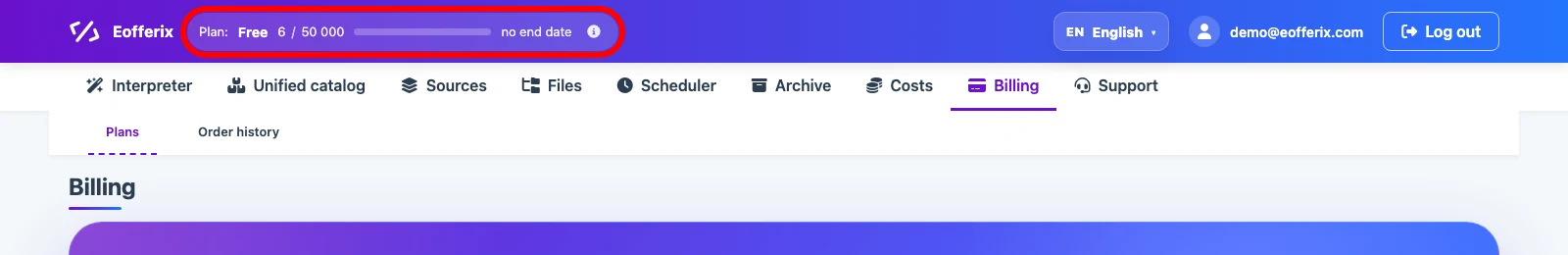 Credit balance in the Eofferix top bar Credit balance in the Eofferix top bar