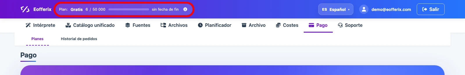 Saldo de créditos en la barra superior de Eofferix