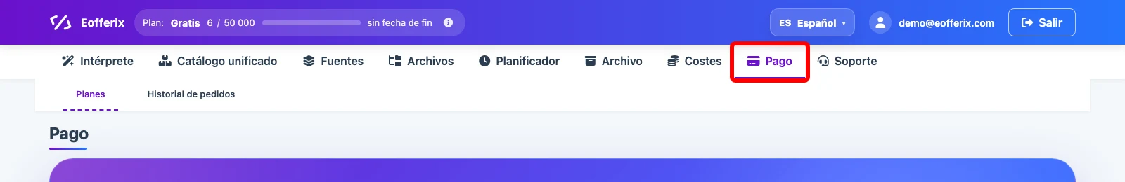 Sección Pago en el gabinete de Eofferix