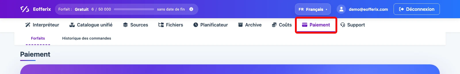 Section Paiement dans le compte Eofferix