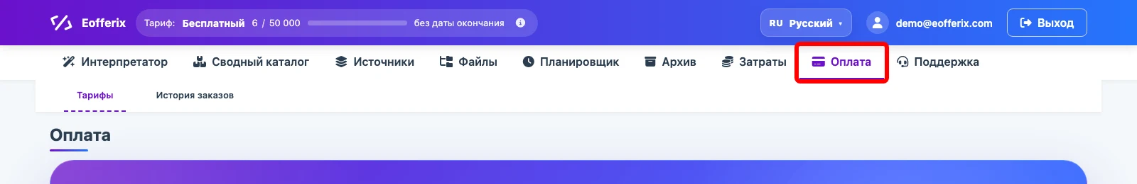 Раздел Оплата в кабинете Eofferix