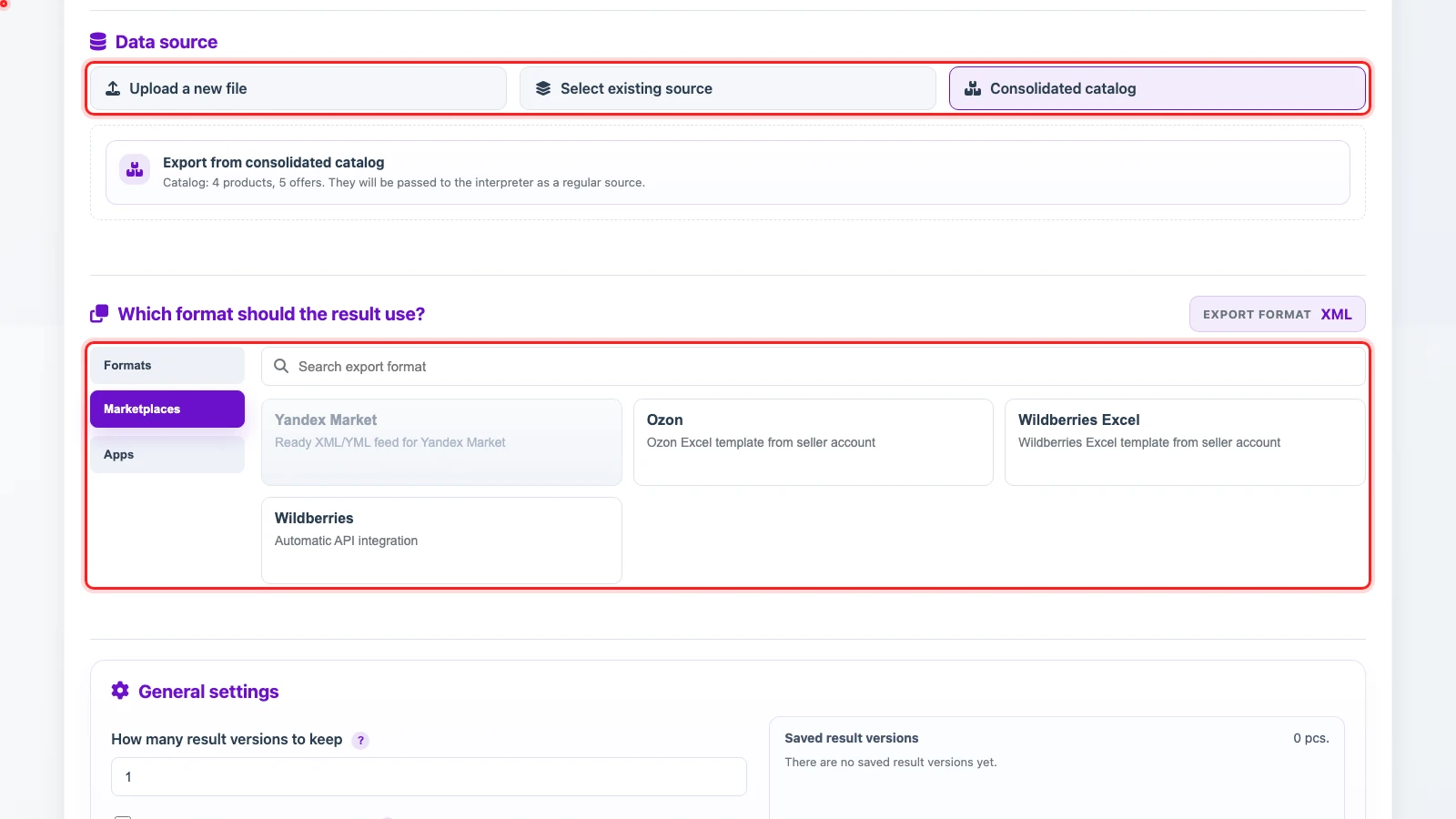 Marketplace template selection for a consolidated catalog export Marketplace template selection for a consolidated catalog export