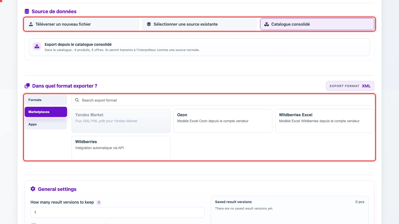 Sélection de marketplace pour un export depuis le catalogue consolidé