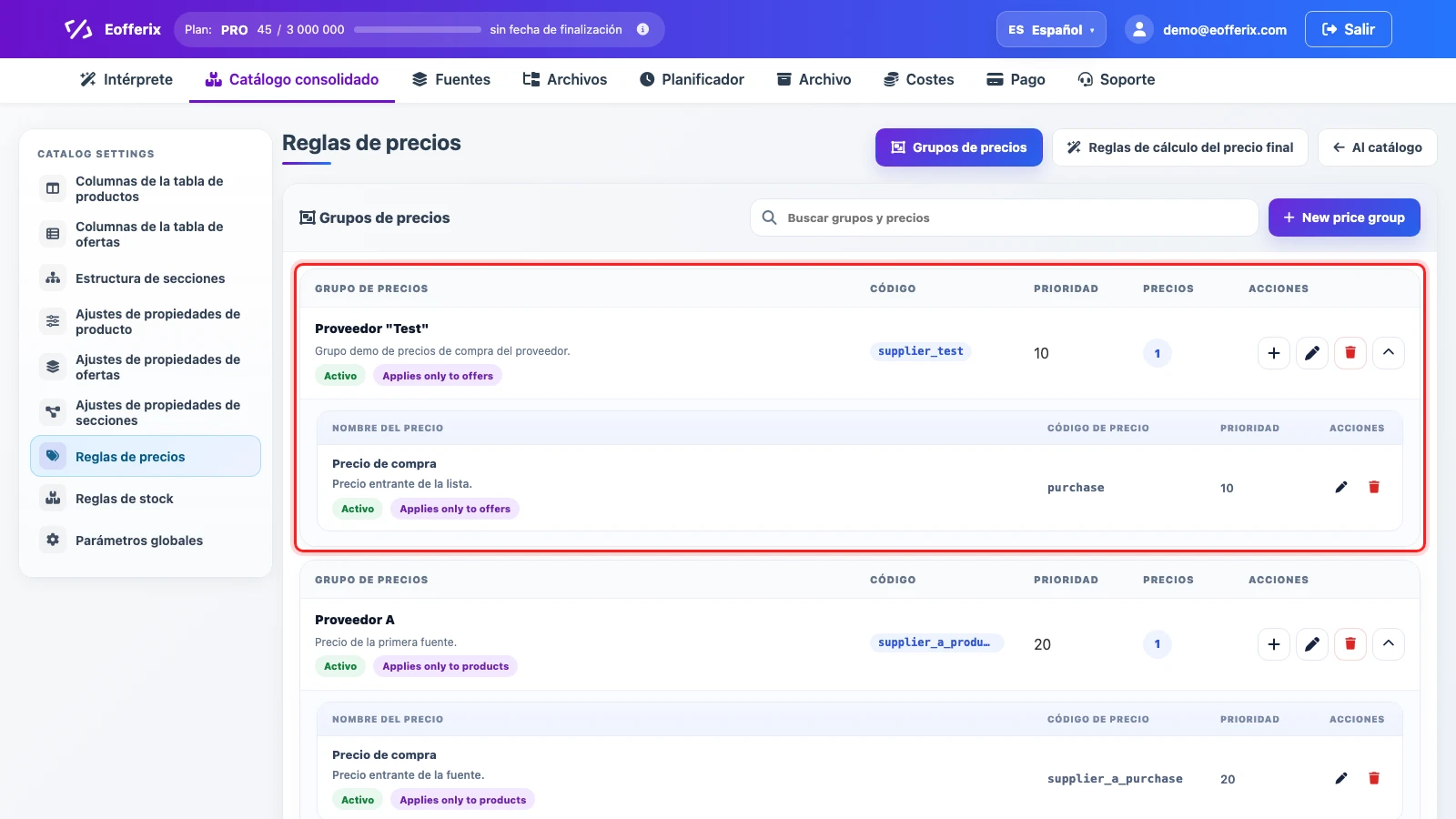 Grupos de precios en los ajustes del catálogo consolidado Grupos de precios en los ajustes del catálogo consolidado