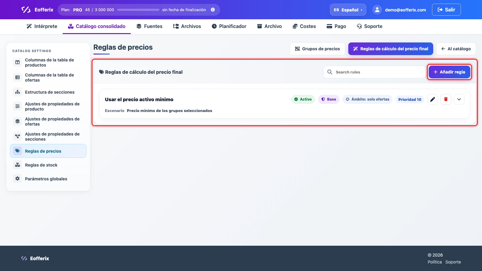Lista de reglas de cálculo del precio final Lista de reglas de cálculo del precio final