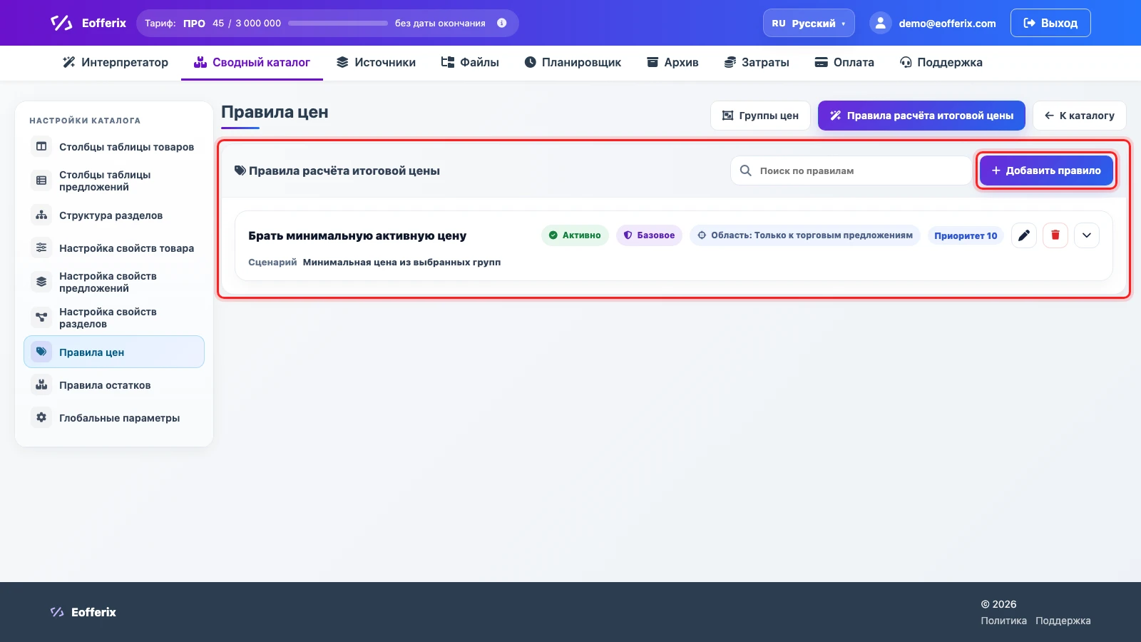 Список правил расчета итоговой цены Список правил расчета итоговой цены