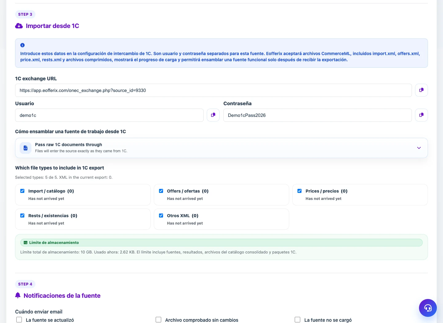 Configuración de fuente 1C CommerceML en Eofferix