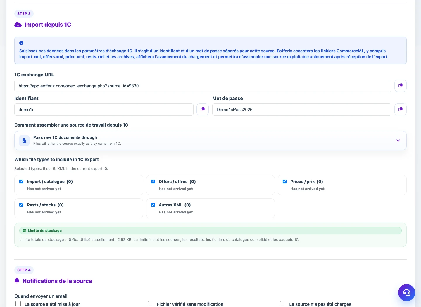 Réglages de source 1C CommerceML dans Eofferix