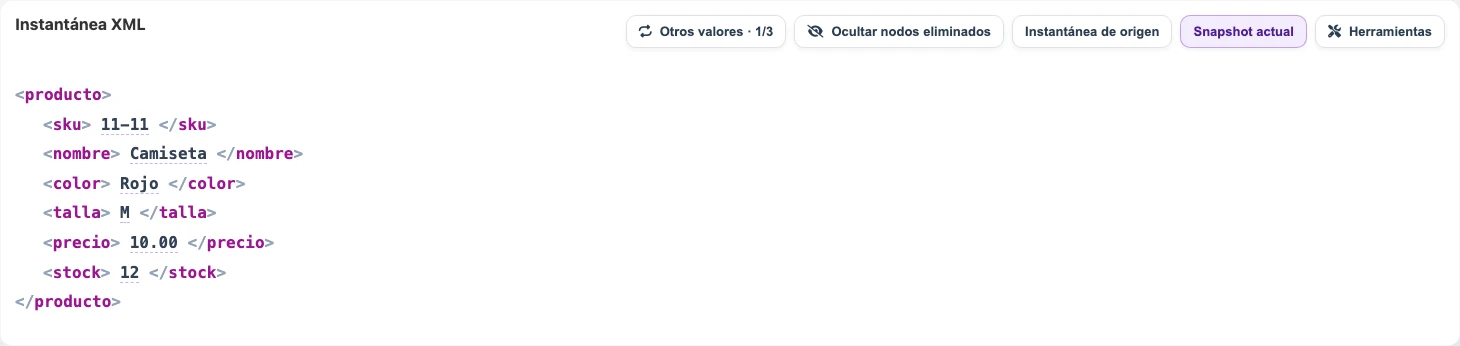Snapshot XML simple de producto para configurar la importación al catálogo consolidado