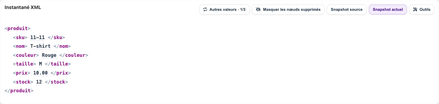 Snapshot XML simple de produit pour configurer l’import dans le catalogue consolidé