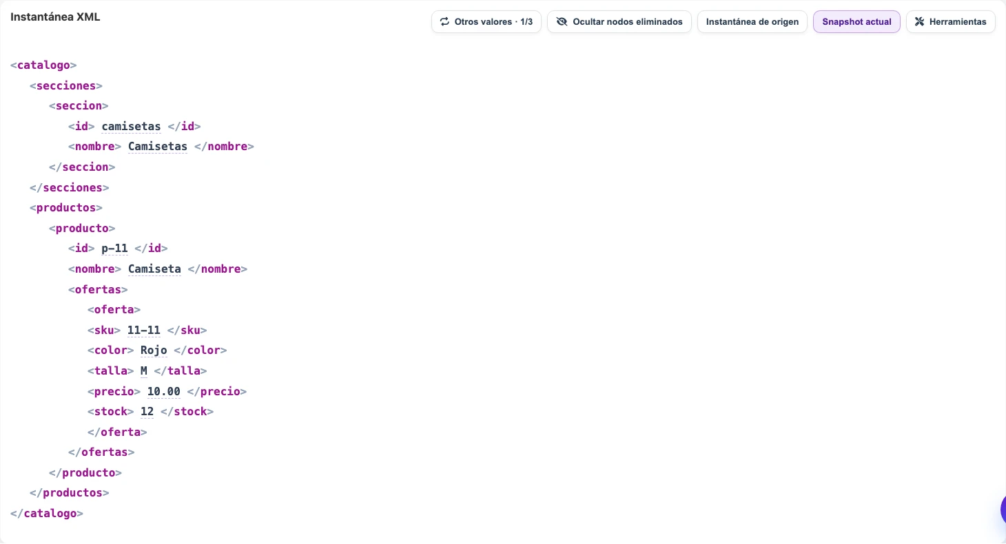 Snapshot XML con listas separadas de secciones, productos y ofertas
