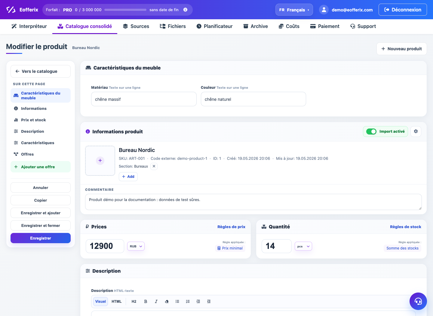 Fiche produit du Catalogue unifié — Eofferix