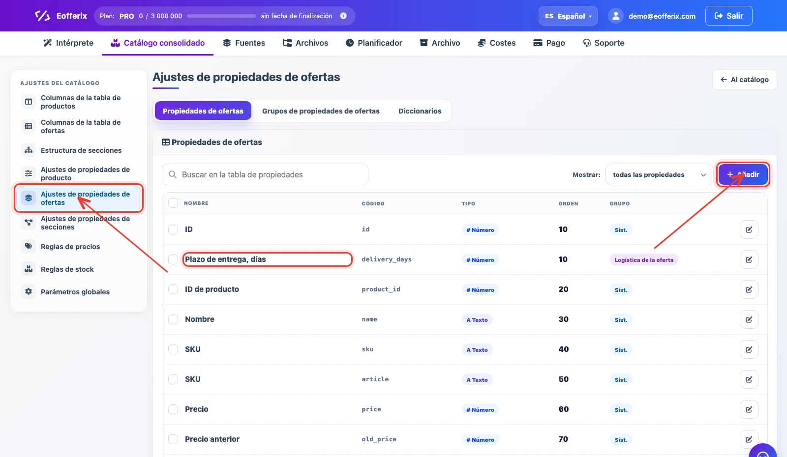 Lista de propiedades de ofertas