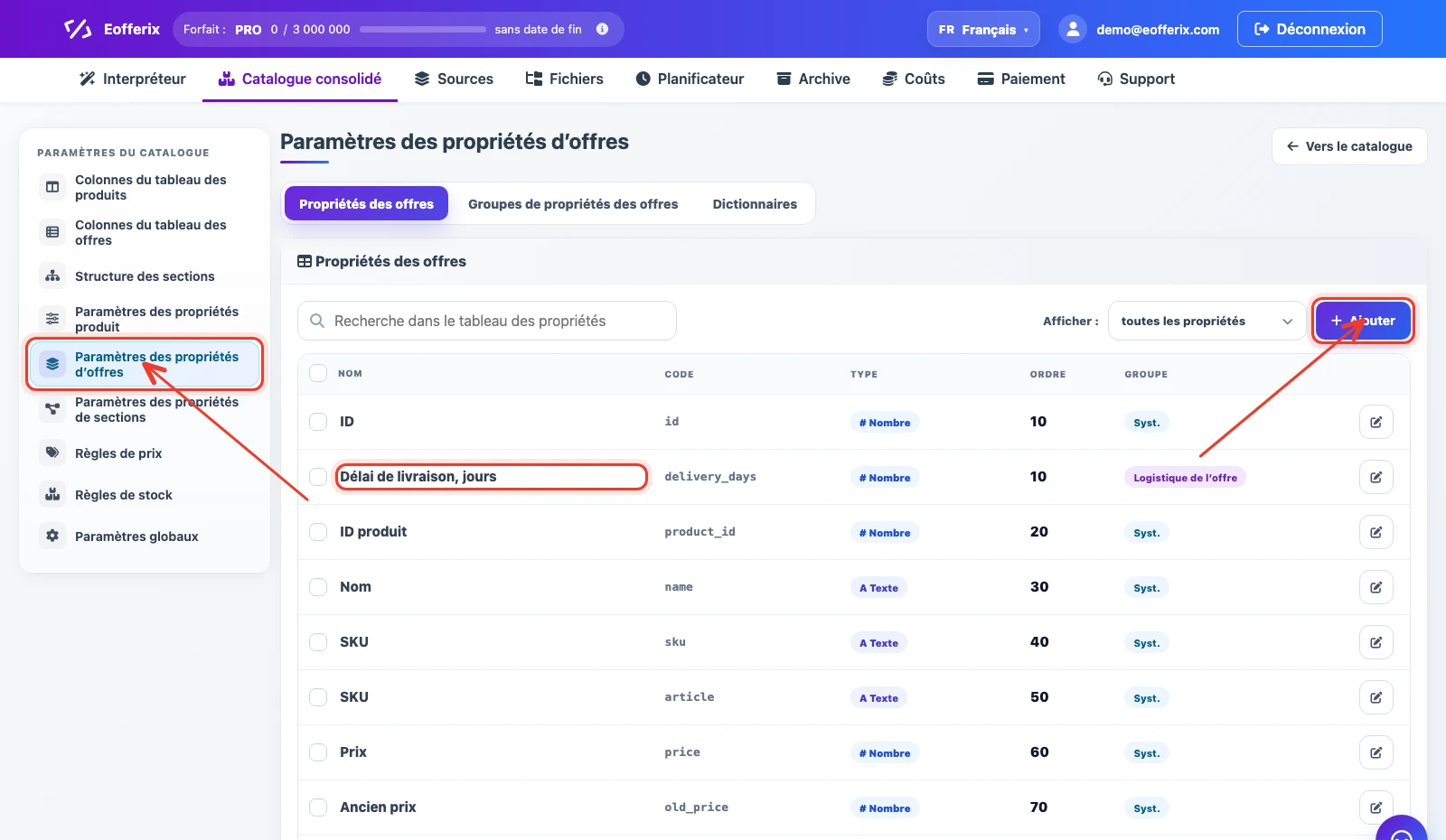 Liste des propriétés des offres