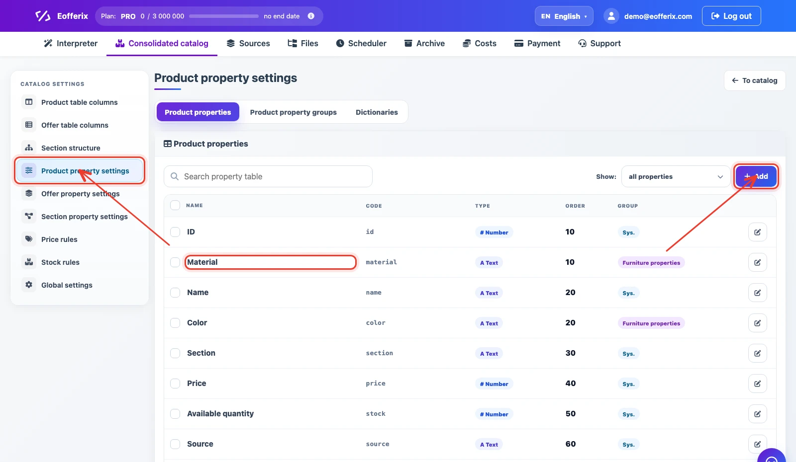 Product property list in consolidated catalog settings