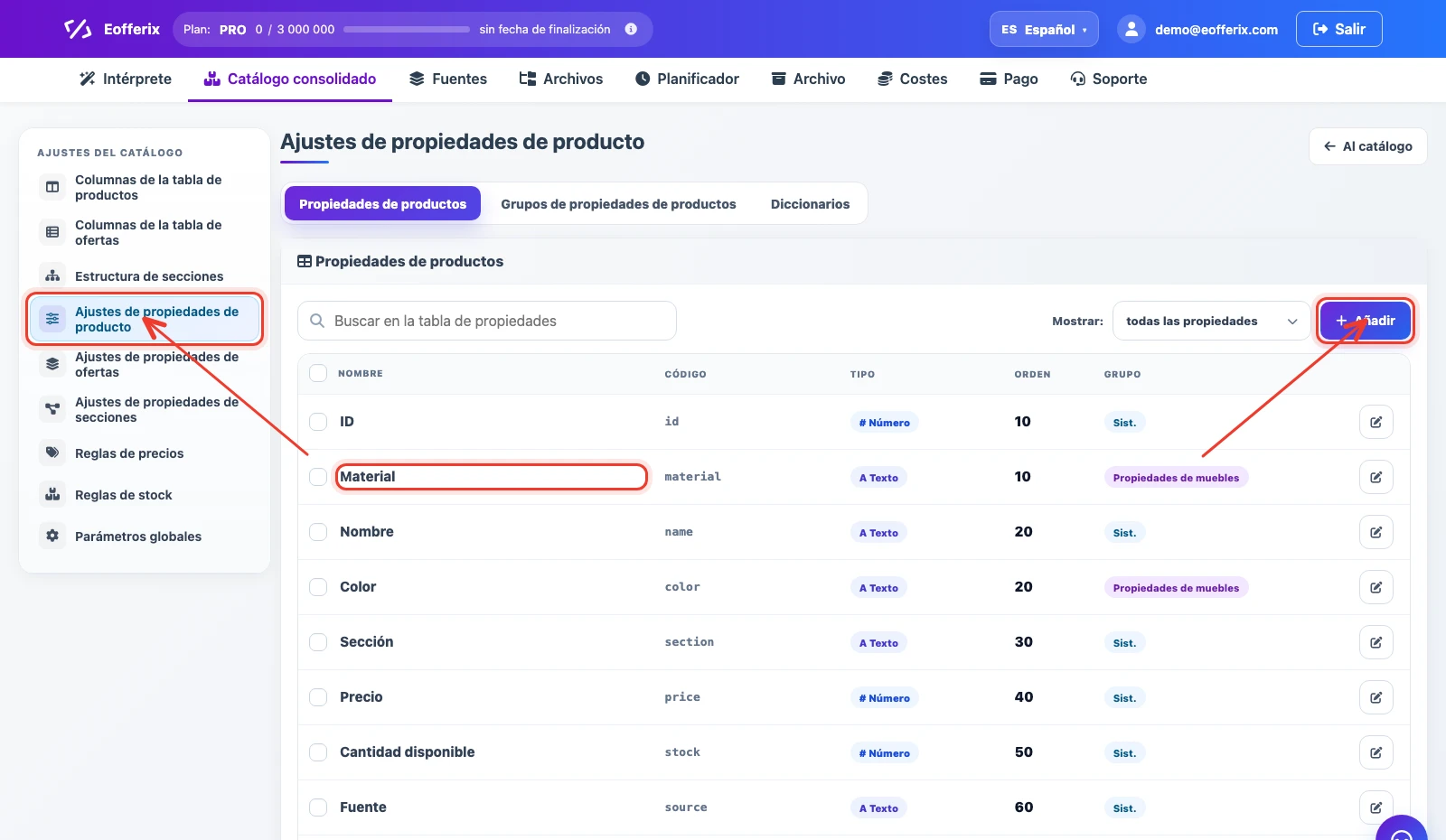 Lista de propiedades de productos en los ajustes del catálogo consolidado