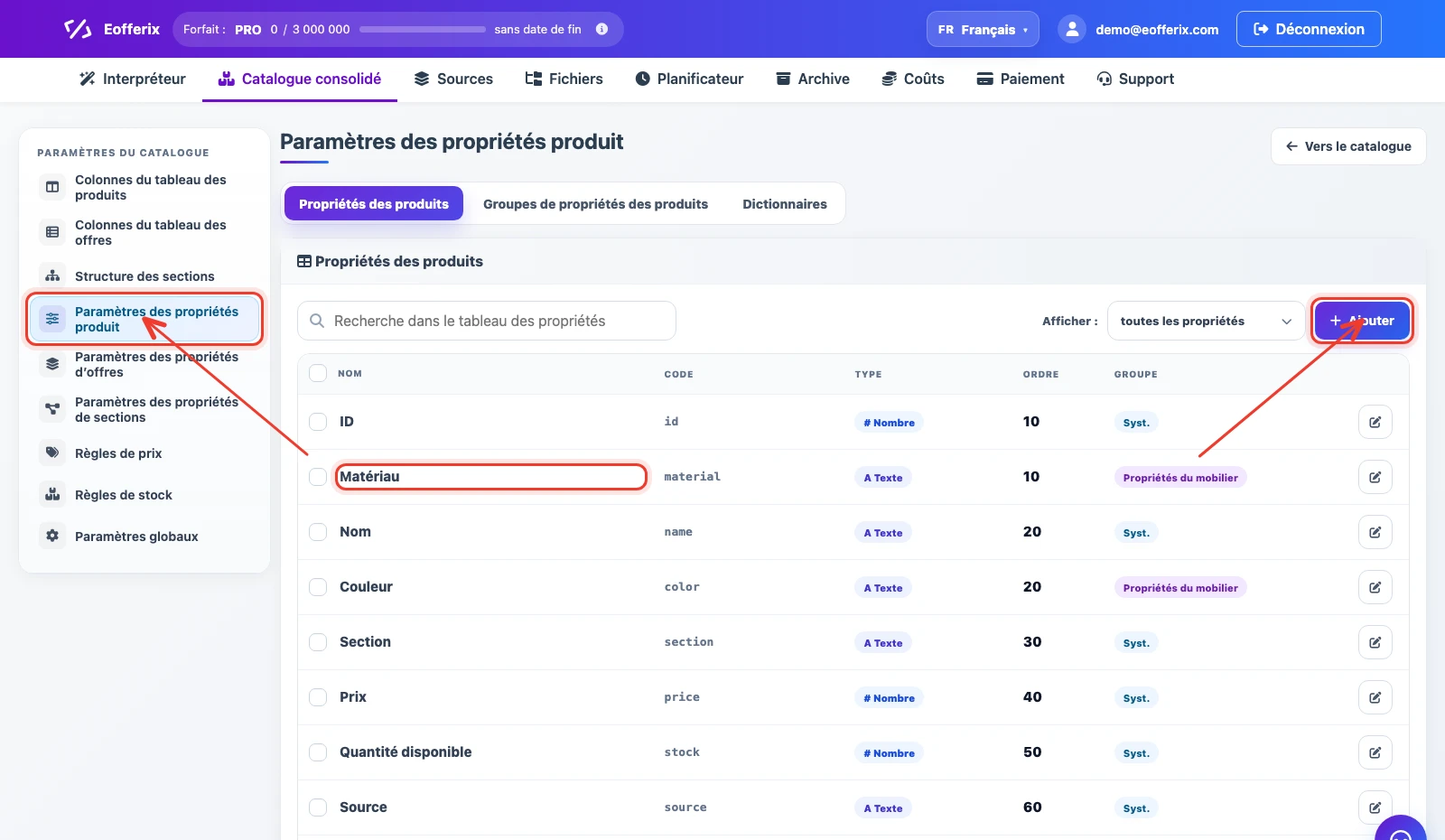 Liste des propriétés produit dans les paramètres du catalogue consolidé