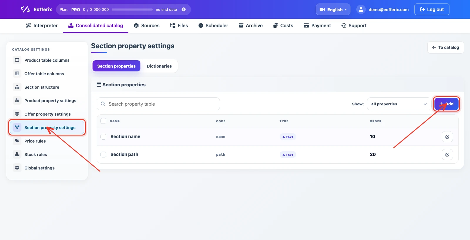 Section property list in the consolidated catalog