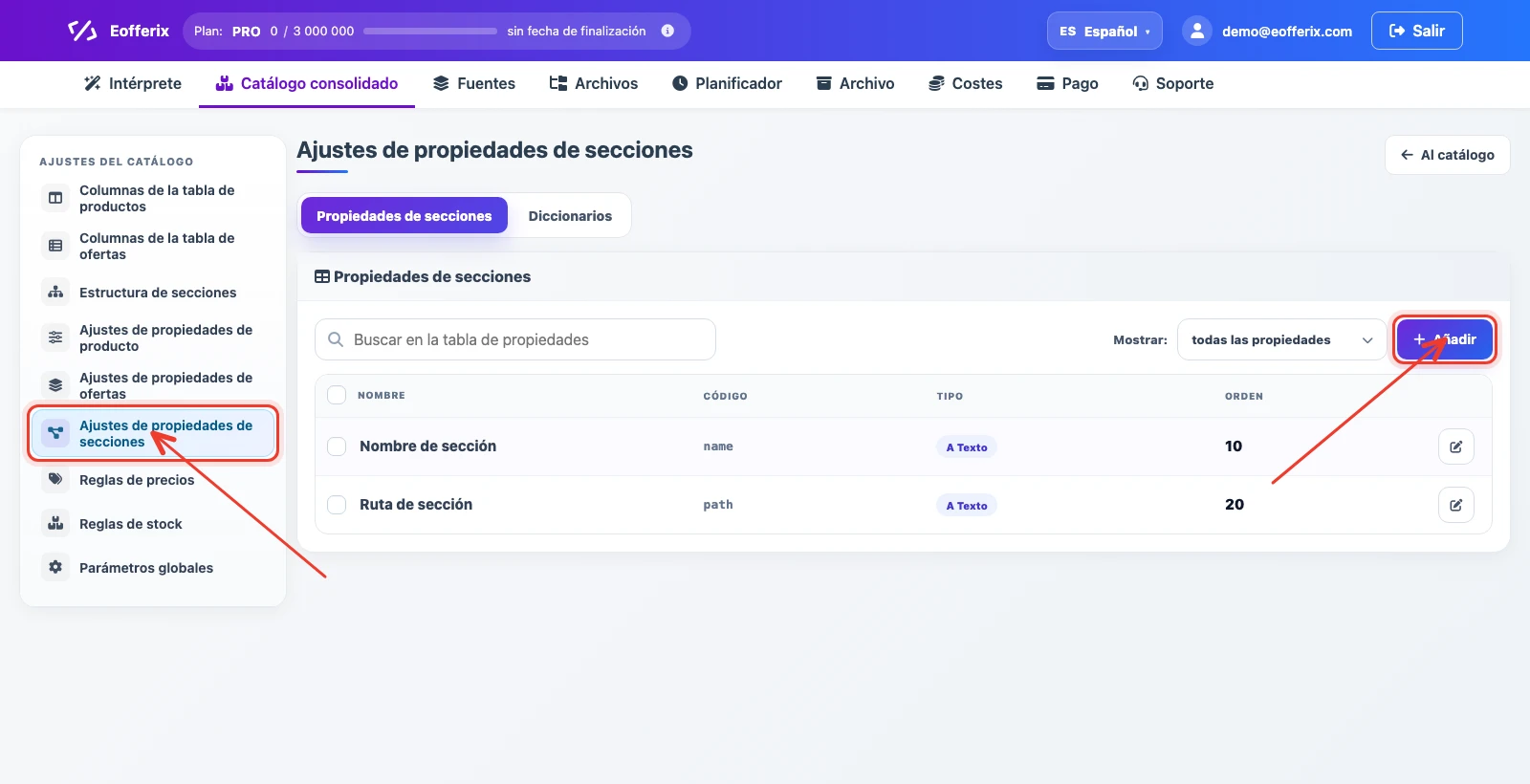 Lista de propiedades de secciones del catálogo consolidado