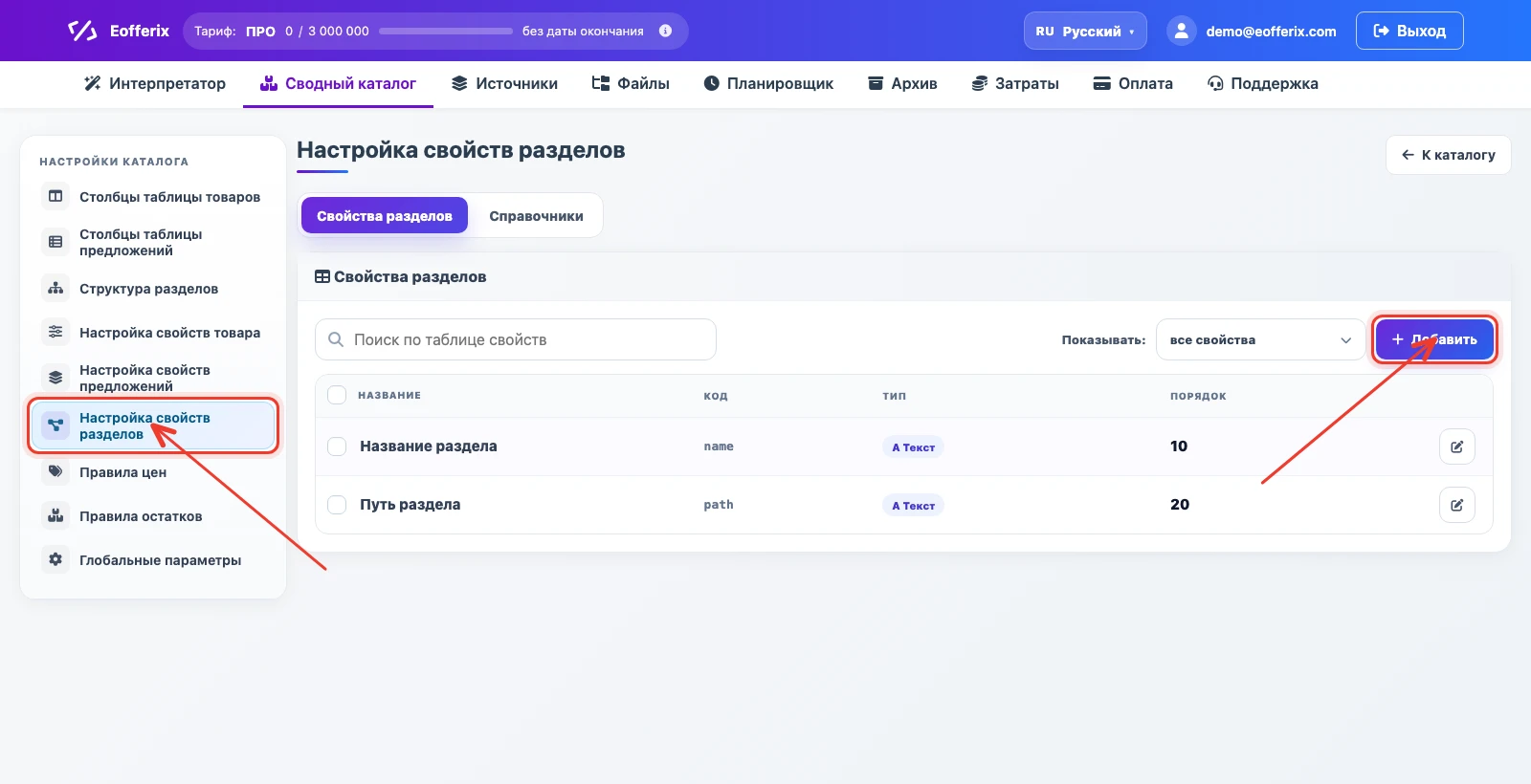 Список свойств разделов сводного каталога