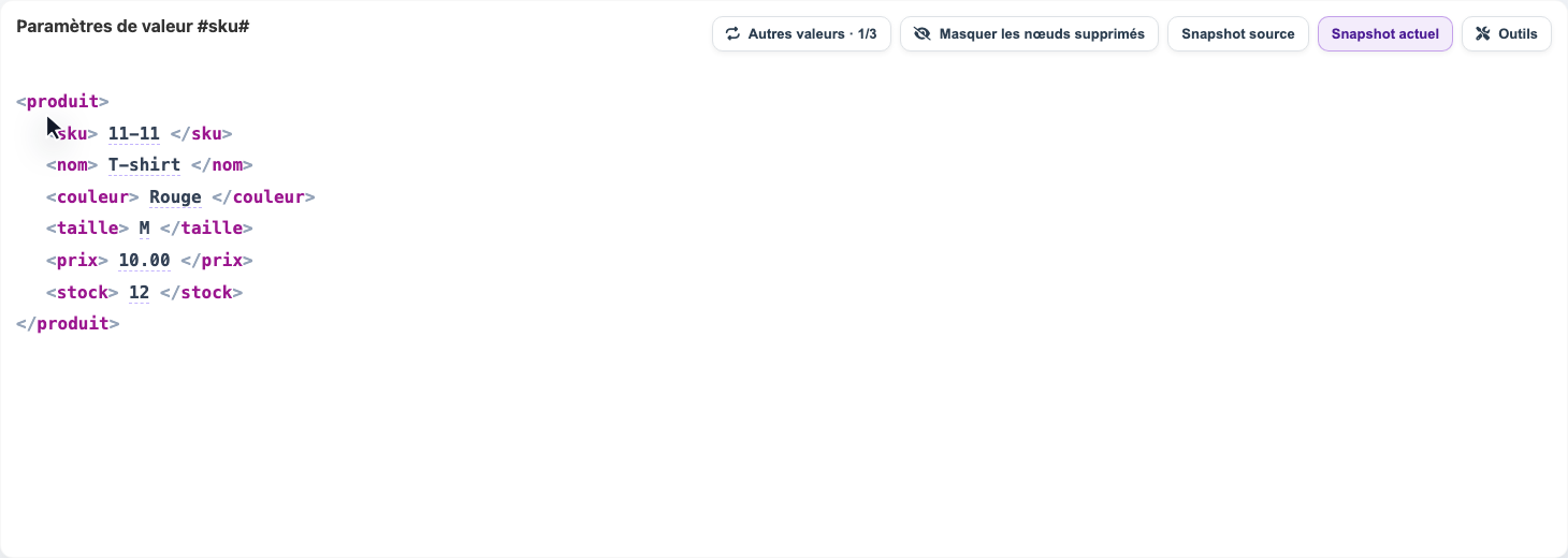 Animation de choix d’une propriété du catalogue consolidé depuis le snapshot