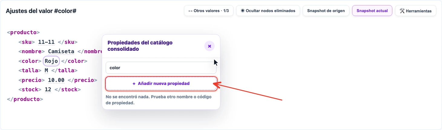 Creación de la propiedad Color desde un valor del snapshot