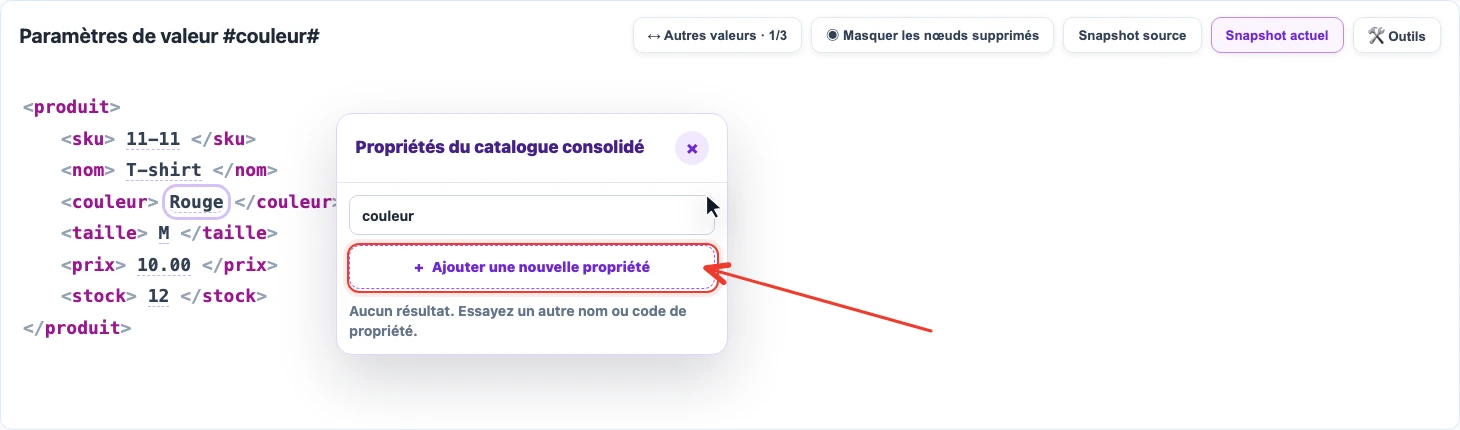 Création de la propriété Couleur depuis une valeur du snapshot